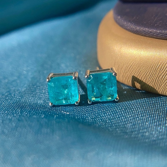 Blue Tourmaline Gemstone Birthstone Ear Stud Earrings - Picture 4 of 4